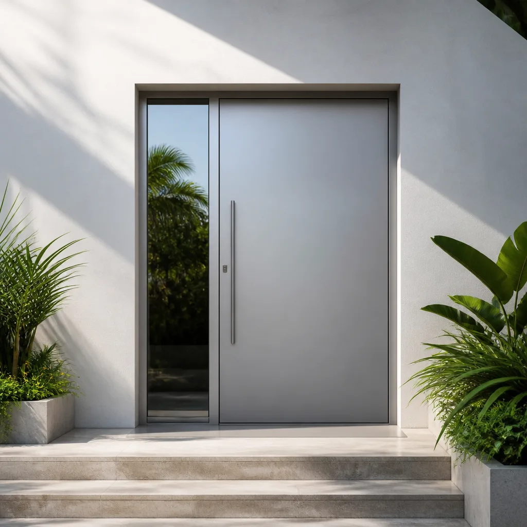 Modern gray residential door installation with glass side panel