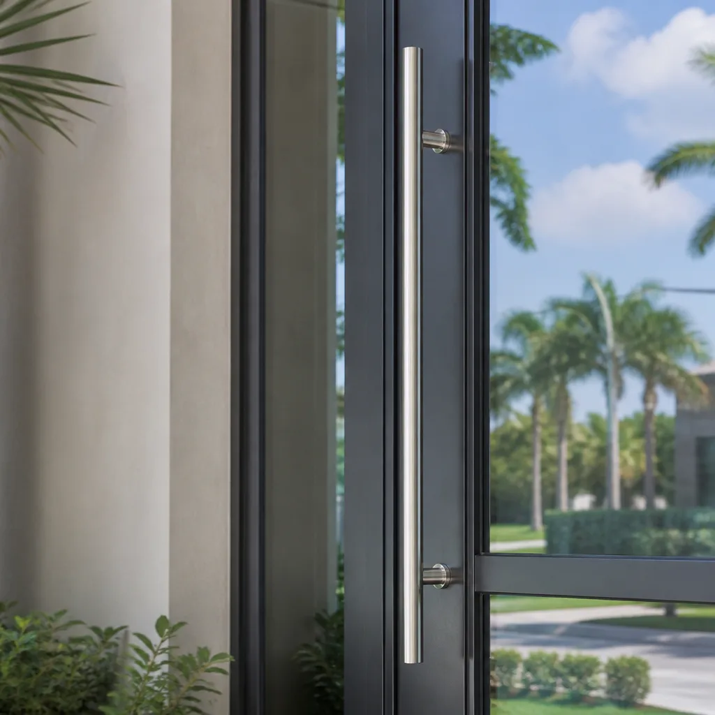 Modern glass door with sleek stainless steel handle installed in home