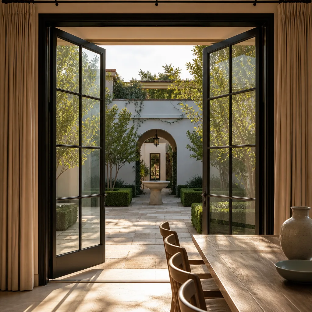 Custom black-framed French doors opening to a sunlit garden courtyard