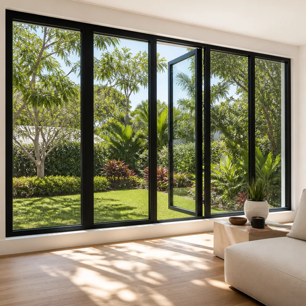 Modern black-framed windows overlooking a lush garden interior view
