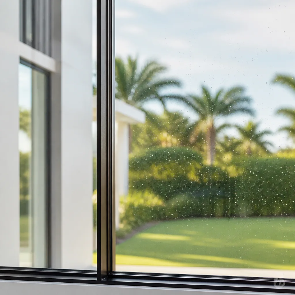 Modern window installation overlooking a bright tropical backyard garden