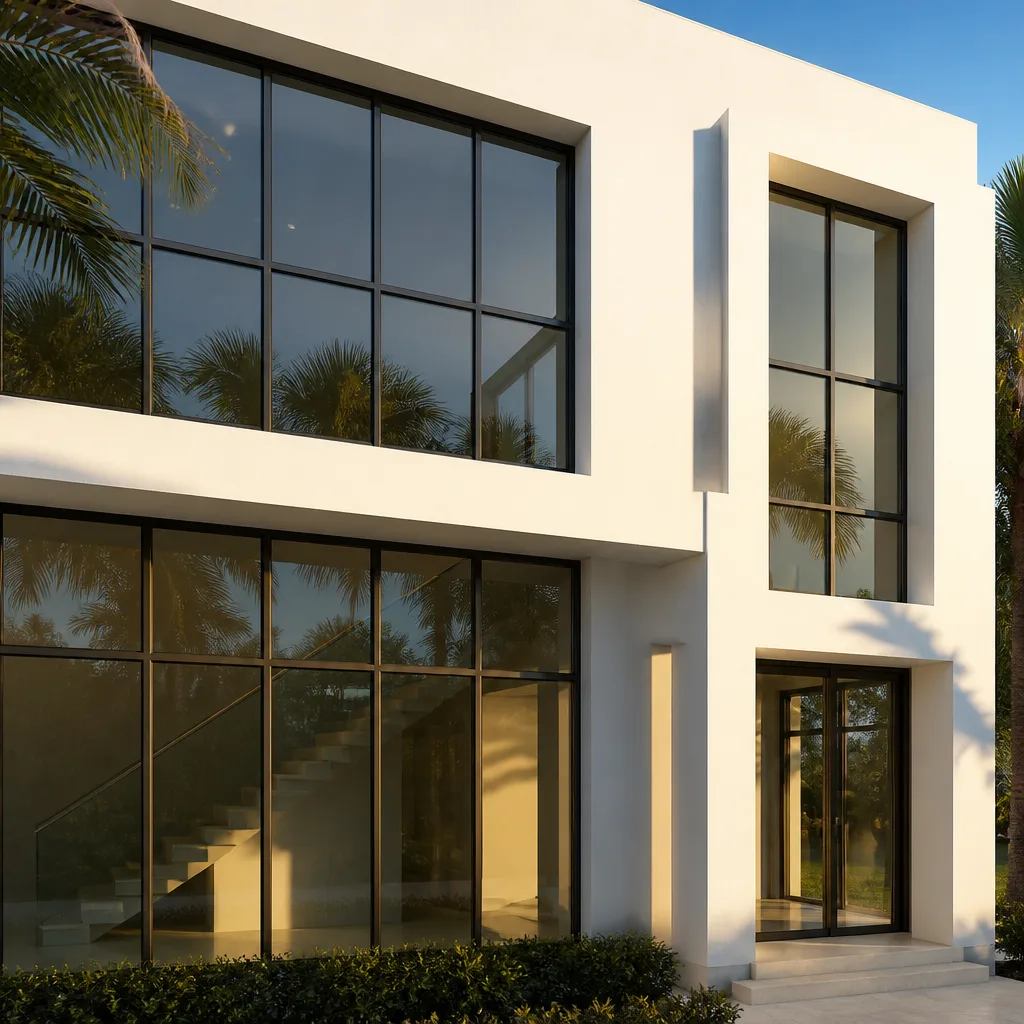 Modern house with sleek black-framed glass window installation