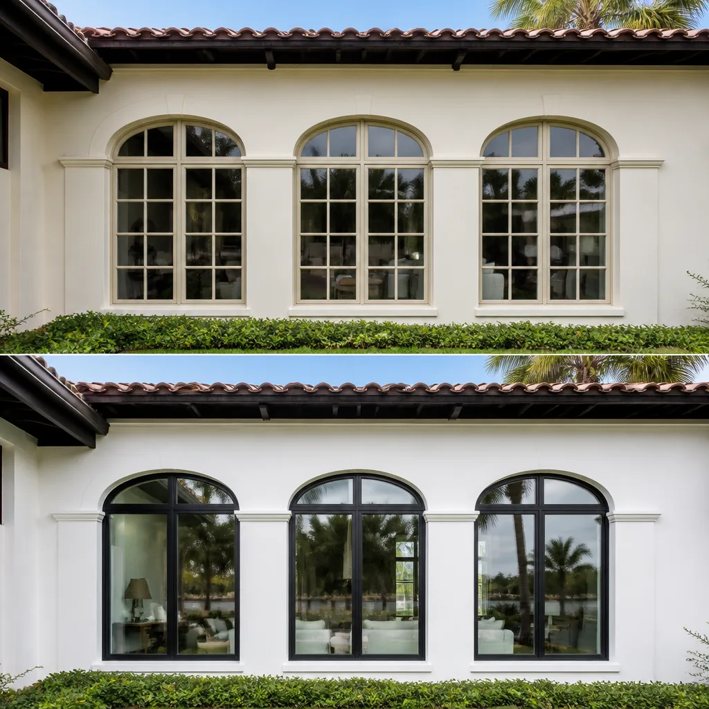 Residential home exterior before and after window replacement with black frames