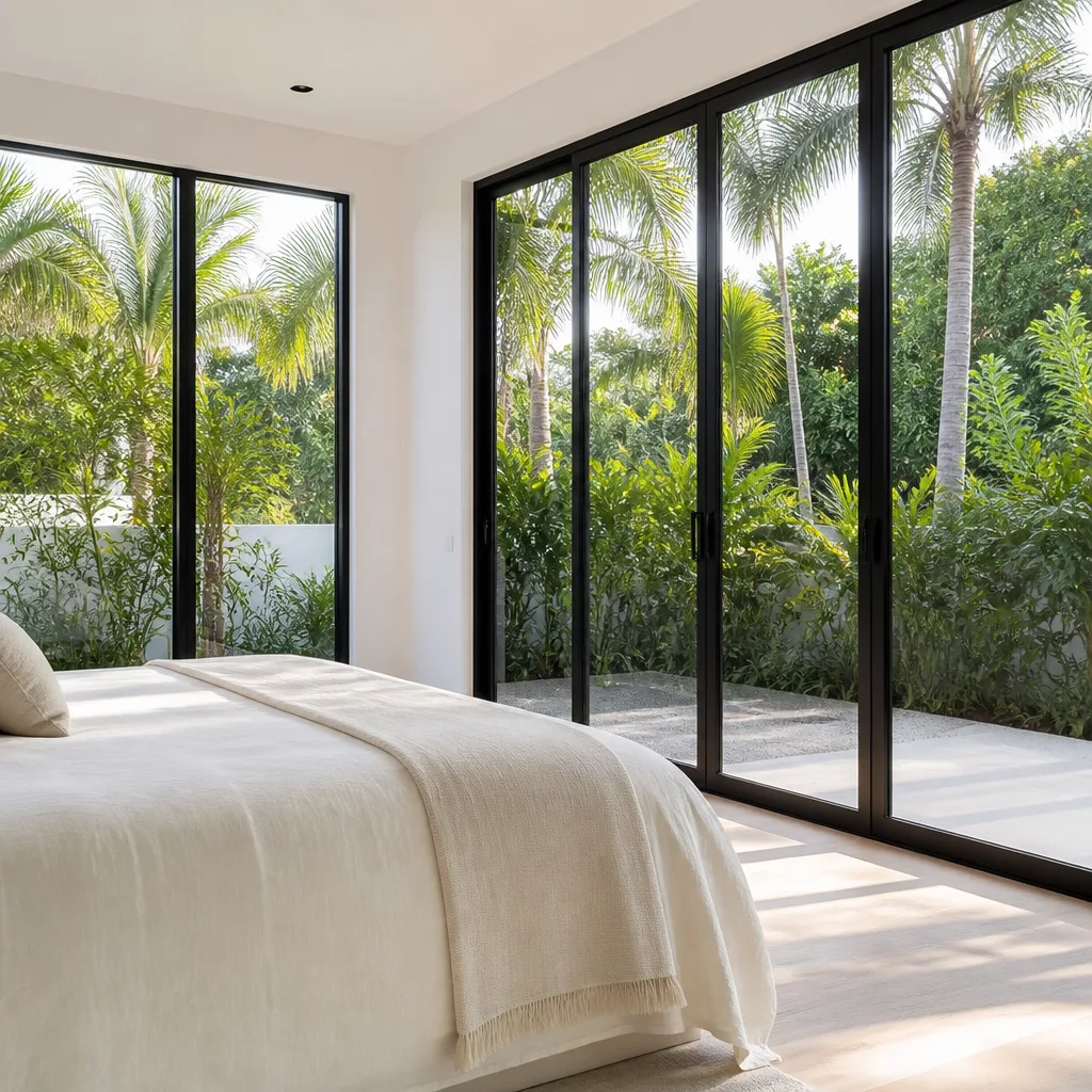 Modern black framed sliding glass doors in a bright tropical bedroom.